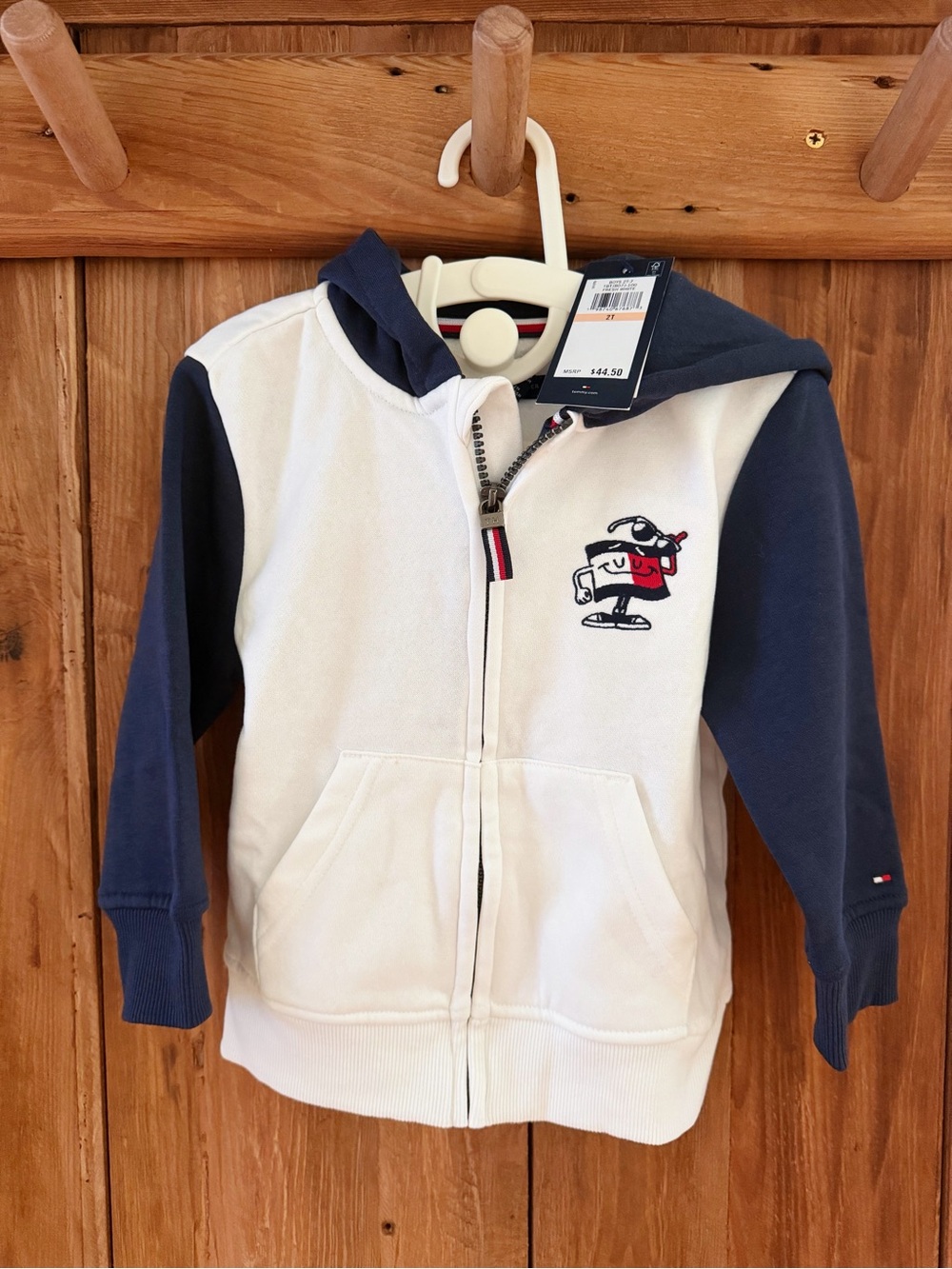 Tommy Hilfiger Kids White & Navy Zip-Up Hoodie with Logo Patch
